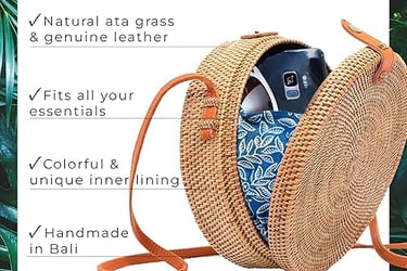 Novum Crafts Round Rattan Bag for Women - Handmade Ata Wicker Woven Purse - Circle, Square, Oval Brown Straw Boho Bags