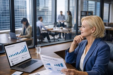 Business leader reviewing growth, leads, and business performance while overseeing a busy team