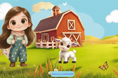 Kid and Lily animated characters standing on farm with barn and goat. Amazon book trailer illustrati