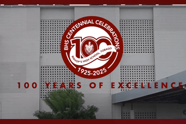 Bishop's High School centennial celebration logo 100 years 1925-2025 signage on building facade.