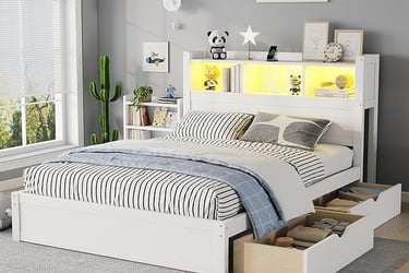 White bed frame with pull-out storage drawers and LED headboard shelving — space-saving  furniture