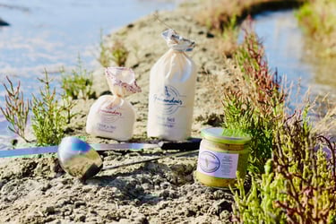 Produits alimentaires des partenaires locaux posés dans les marais salants de Guérande