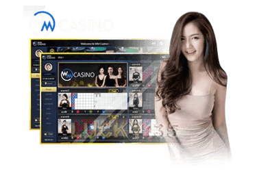 wm casino logo with a woman in a short dress standing in front of a computer screen