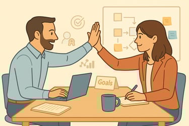 Two people sitting at a desk in a office high-five over a successful UX milestone