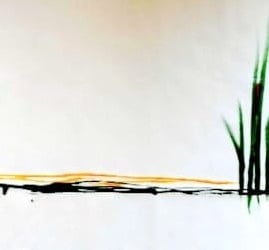 Détail du point rouge sur la troisième toile abstraite de Jacqueline Poitevin, acrylique 80x190