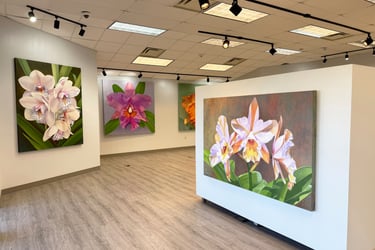 Gallery installation of museum-scale monumental botanical art by Christine Knize at North FL College