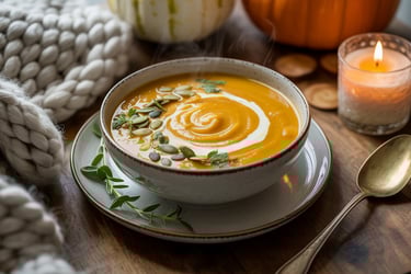 a bowl of soup with pumpkin spiced cream and pumpkin spiced cream