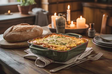 a table with a bowl of food and candles