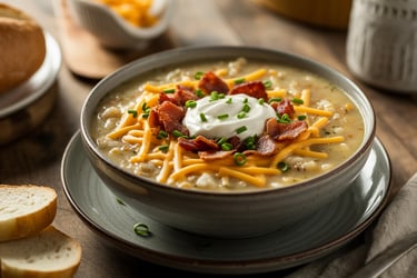 a bowl of soup with cheese and bacon