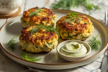 a plate with three crab cakes and a fork and knife