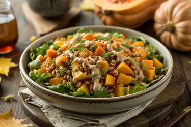 a bowl of food with a fork and knife on a wooden table