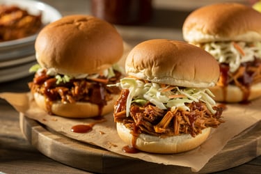 a group of three pulled pork sandwiches on a wooden board