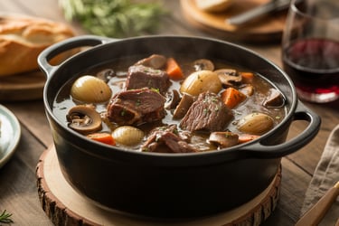 a potted beef stew with breaded potatoes and bread