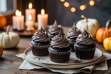 a plate of chocolate cupcakes with candles and candles