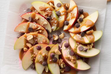a plate of apples and nuts on a table