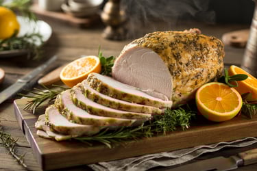 a sliced pork roast with oranges and herbs