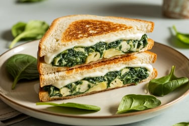 a sandwich sandwich with cheese and spinach on a plate