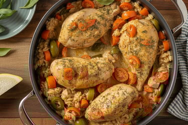 a pan of chicken with rice and vegetables