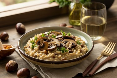 a bowl of riesling riesbeerd with mushrooms and nuts