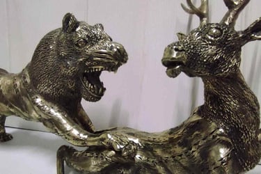 "Dramatic brass sculpture of predator-prey wildlife scene-Ready for global shipment"