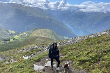 Walking up to a viewpoint on Blaskavlen to see the Aurlandsfjorden landscape, Norway