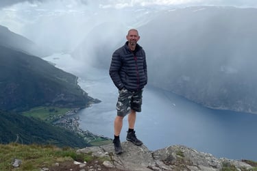 Walking up to a viewpoint on Blaskavlen to see the Aurlandsfjorden landscape, Norway