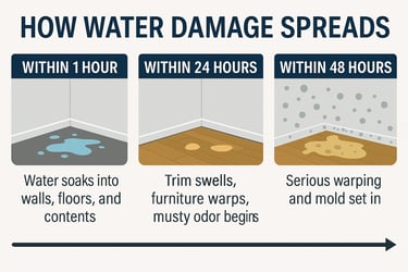 1 hour, 24 hours, and 48 hours. Includes visuals of swelling trim, mold, and saturated flooring