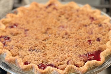 cherry peach amaretto crumb pie