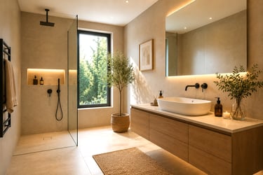 Salle de bains moderne avec douche à l'italienne, meuble suspendu et finitions haut de gamme.