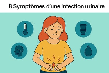 Femme avec douleur au bas-ventre entourée d’icônes illustrant les symptômes d’une infection urinaire, recherchesante.com