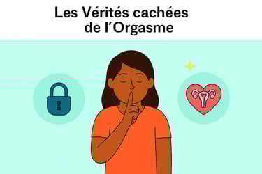 Femme silencieuse entourée d’icônes représentant un cadenas et un symbole de reproduction, illustrant les secrets de l’orgasm