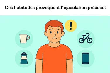 Homme inquiet entouré d’icônes représentant des habitudes liées à l’éjaculation précoce, habitudes qui donnent l'éjaculation 