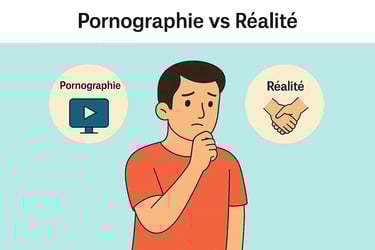 Illustration d’un homme confus face à la différence entre pornographie et réalité relationnelle, recherchesante.com