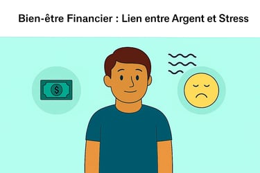 Illustration d’un homme entre un symbole d’argent et un visage stressé, représentant le lien entre argent et stress, bien etr