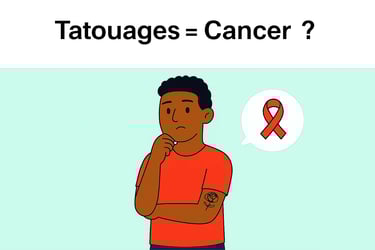 Personne tatouée avec des symboles de question et de santé, illustrant l’incertitude autour des risques liés aux tatouages.