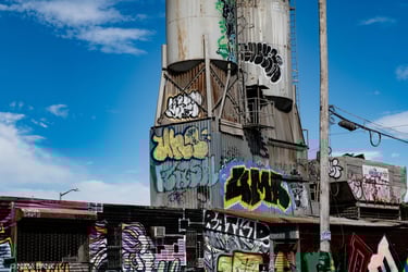 an image of graffiti on a water tank and buildings on a brooklyn street