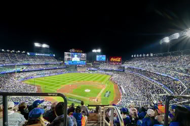 panoramic view of citifield and mets fans overlooking the scoreboard during nlcs
