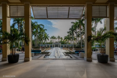 a fountain behind a set of columns and palm trees at the hyatt regency coconut point