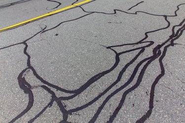 Filled in asphalt cracks in serviced parking lot