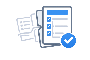 Digital checklist icon featuring blue checkmarks and a verified completion badge on a dark background.