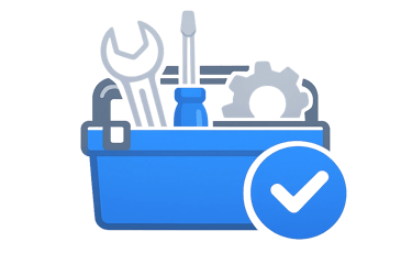 Blue toolbox icon with wrench, screwdriver, and checkmark symbol for repair services and maintenance.