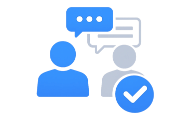 Flat vector icon of two people communicating with speech bubbles and a blue verification checkmark.