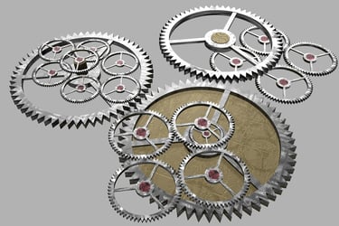 Clockworks on a grey background representing technical translations