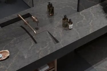 bancada de banheiro quartzo luxury ember black marmoraria domingues