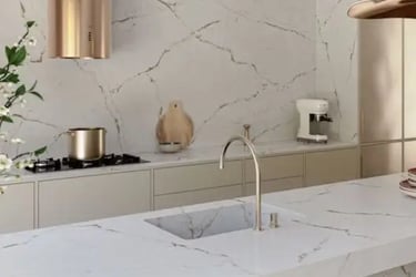 bancada de cozinha quartzo luxury esmeralda garden marmoraria domingues