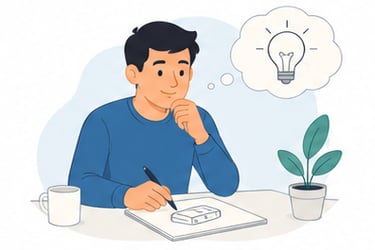 Illustration of an inventor with a product sketch representing an early-stage hardware idea