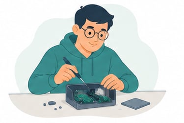 Illustration of a startup founder with a working prototype representing a hardware product ready for