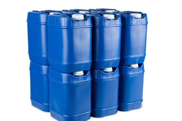 Stackable blue water storage containers arranged in rows, designed for emergency water storage and l