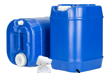 Blue 5-gallon water storage containers with spigot and wrench, ideal for emergency preparedness and 