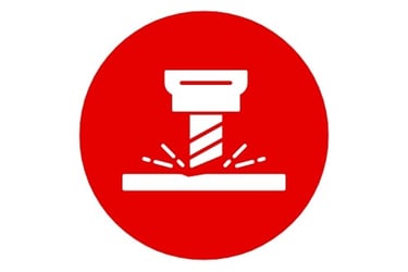 a red and white sign with a hammer hammer in the middle